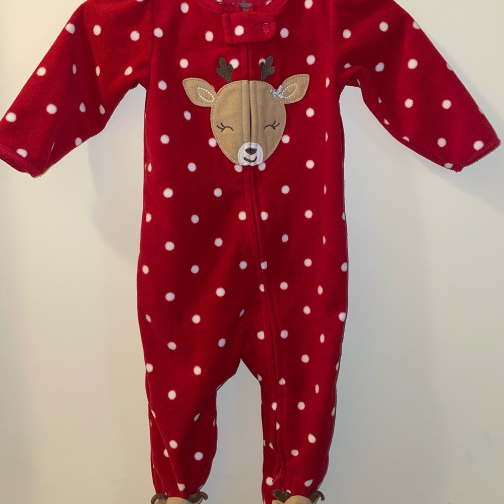 Red Polka Dot Kids One Piece with Reindeer Design